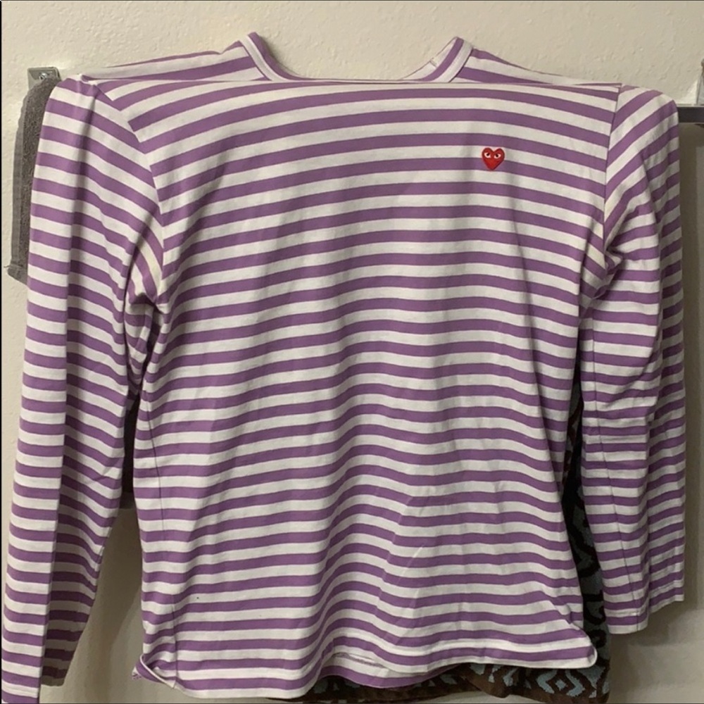 Purple and White Comme Des Garçon shirt.